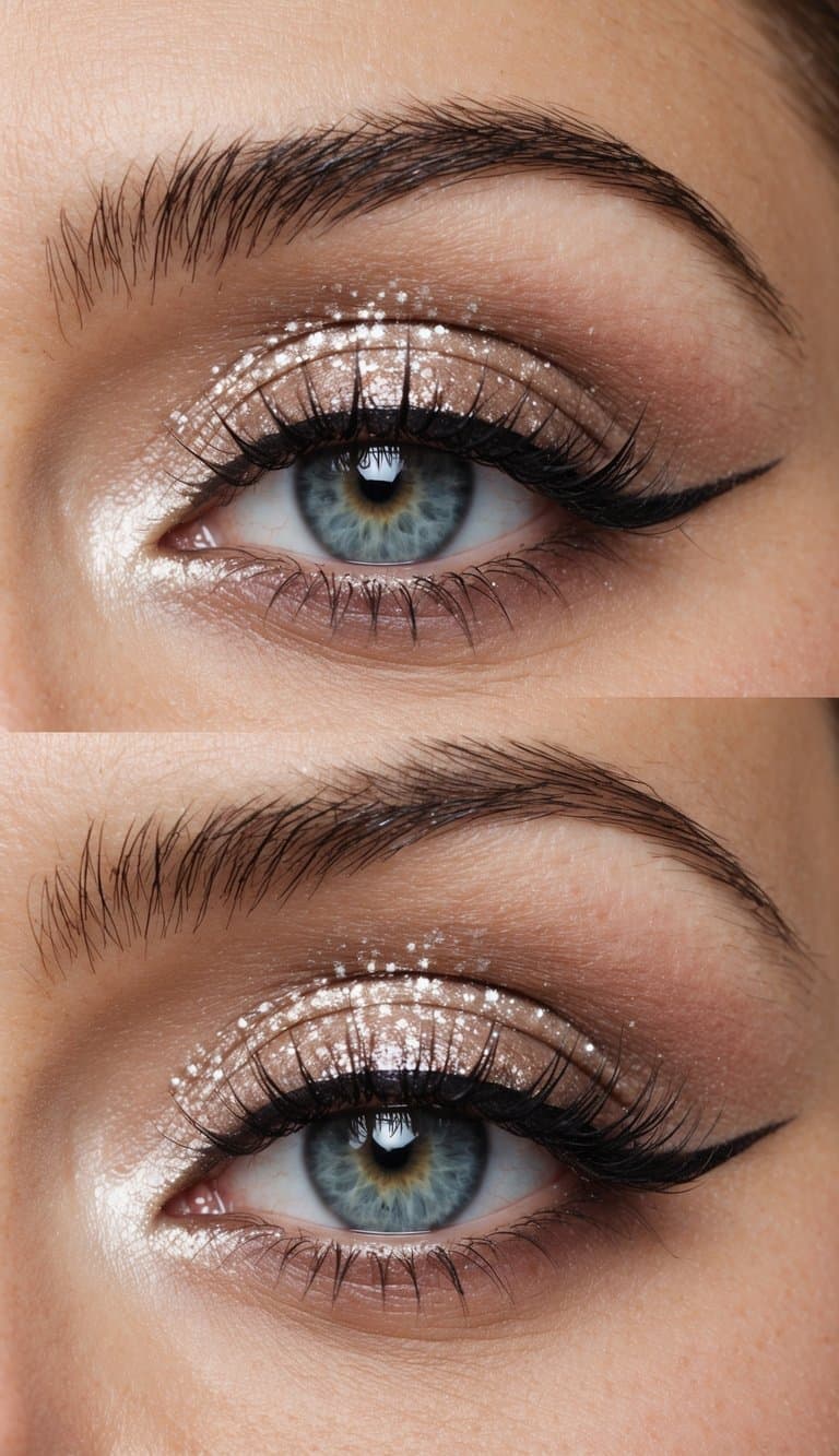 A close-up of a sparkling, cut crease eye makeup look with soft, romantic colors and a flirty vibe