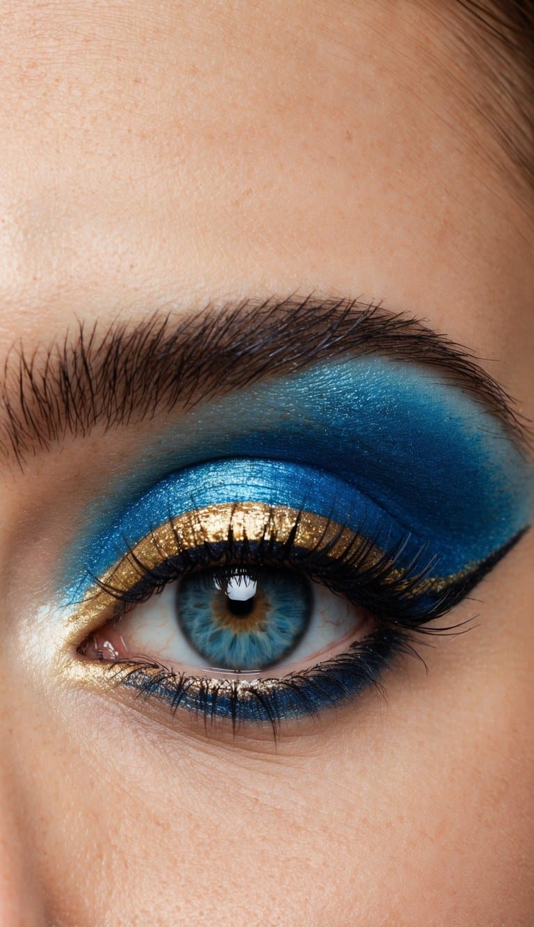 A close-up of a shimmering blue and gold eye makeup look with intricate details and elegant design