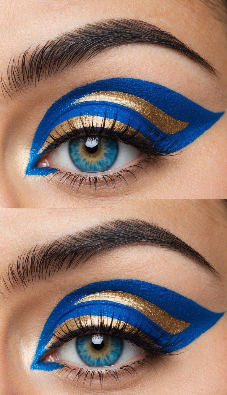 A close-up of a bright blue and gold swirl eye makeup design
