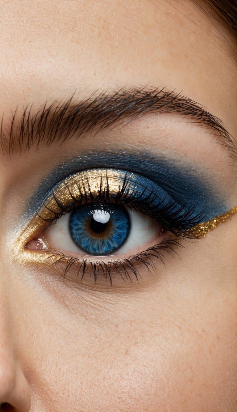 A close-up of an eye with ultra blue and gold eyeshadow, elegant and shimmering with golden corners
