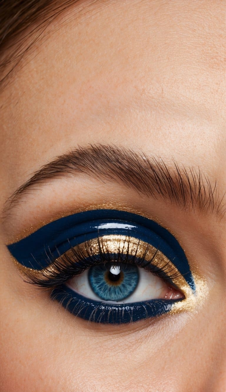 A close-up of a glossy blue and gold eye makeup look, with elegant and intricate details