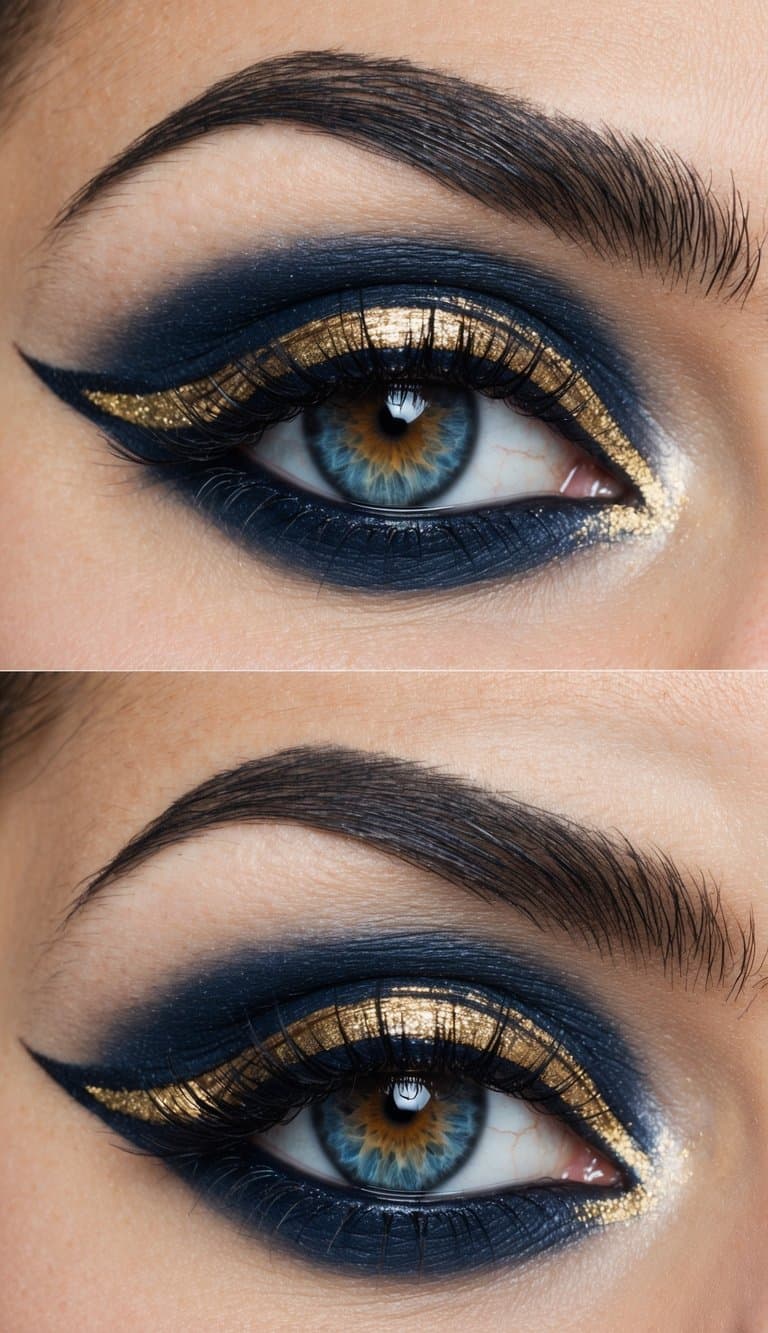 A close-up of a midnight blue and gold eye makeup look, with intricate detailing and elegant design