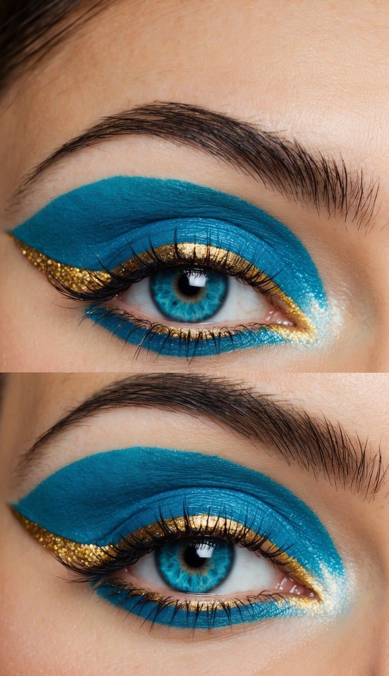 Aqua Pop with Golden Edges: Blue and gold eye makeup design with elegant and vibrant colors
