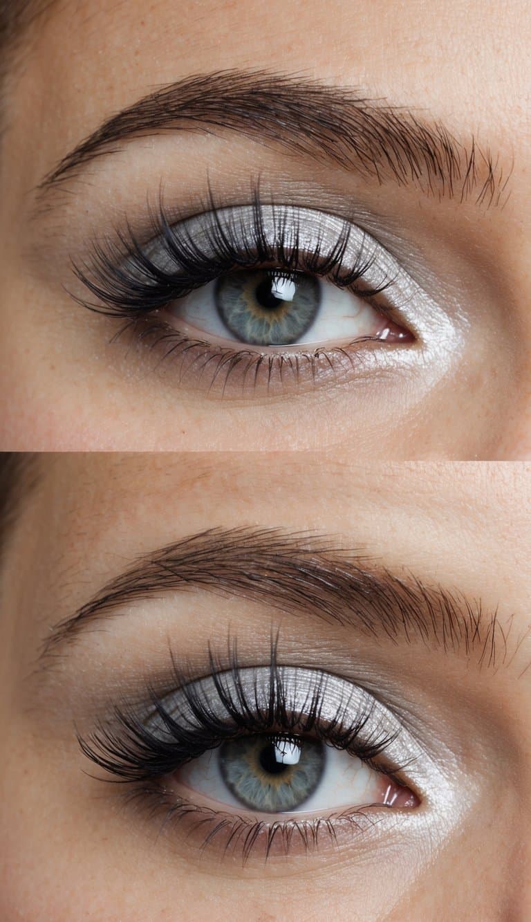 A close-up of a pair of eyes with sleek silver eyeshadow and soft, flirty eyelashes
