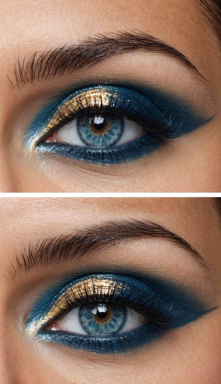 A serene ocean with shimmering gold highlights, inspiring elegant blue and gold eye makeup ideas
