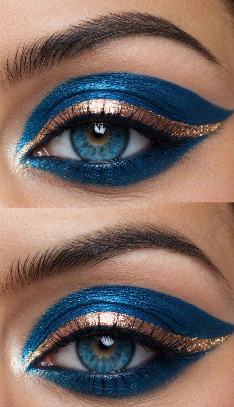 A close-up of a cobalt blue and rose gold eye makeup look, with intricate gold detailing and shimmering blue shadows