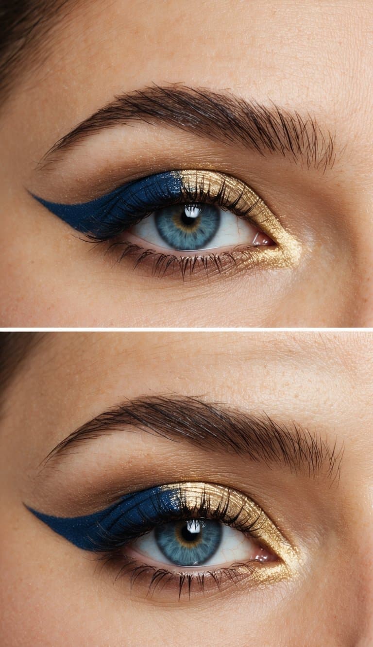 A close-up of an eye with blue and gold eyeshadow, creating an elegant and luxurious makeup look