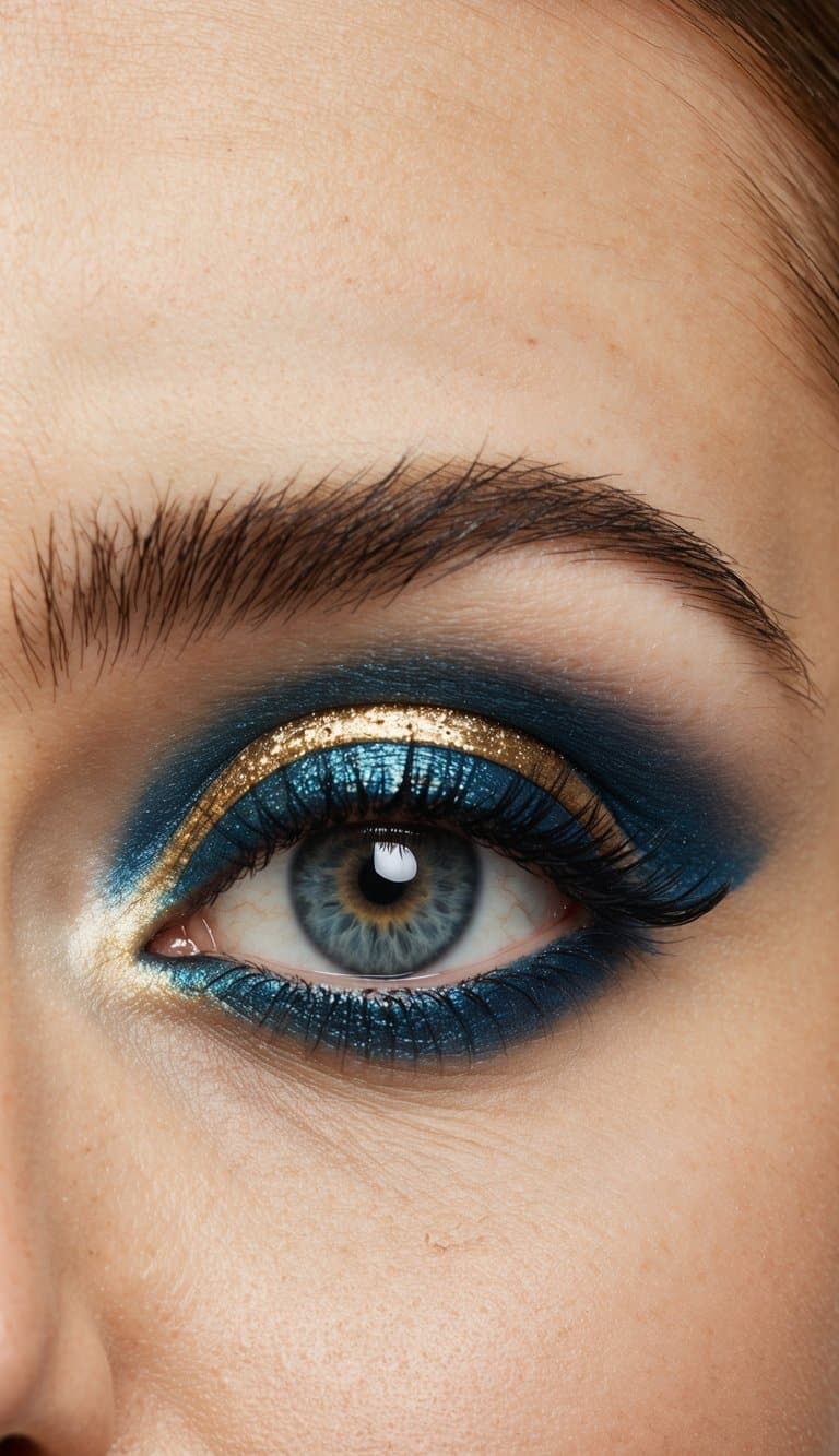A close-up of a glamorous eye with shimmery blue and gold eyeshadow, with a vintage and elegant feel