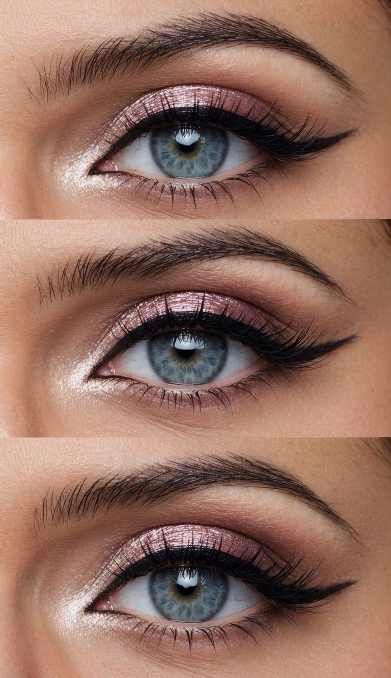 Soft winged eyeliner and shimmery eyeshadow in romantic colors, with a touch of sparkle