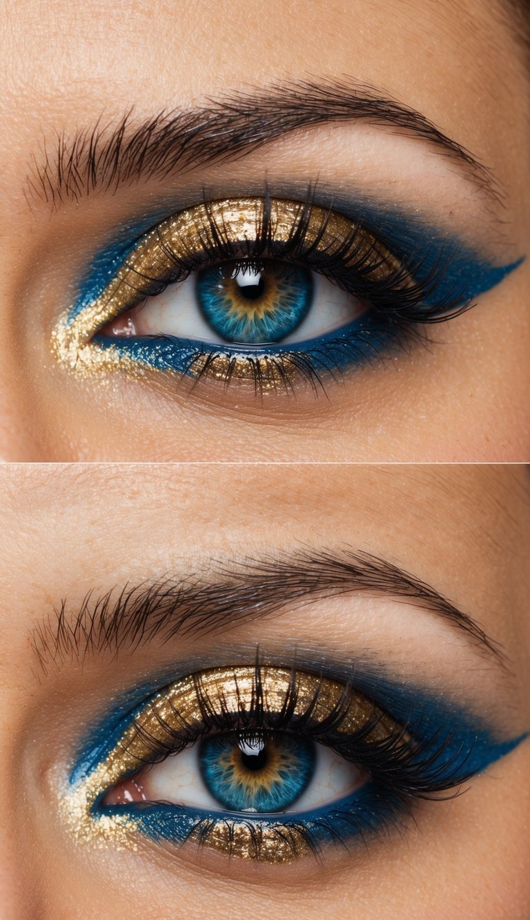 A glitzy gold base with elegant blue and gold eye makeup