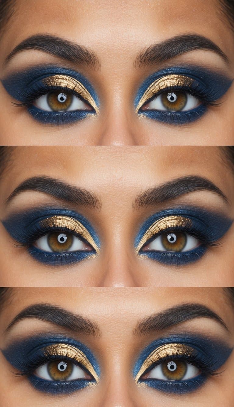 A close-up of elegant blue and gold eye makeup layers