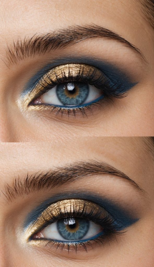 Close-up of two eyes with blue irises and bold eye makeup featuring gold and dark blue eyeshadow.
