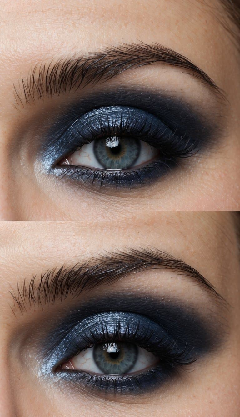 A close-up of a pair of eyes with soft, smoky midnight blue eyeshadow, shimmering under low lighting, creating a romantic and flirty vibe