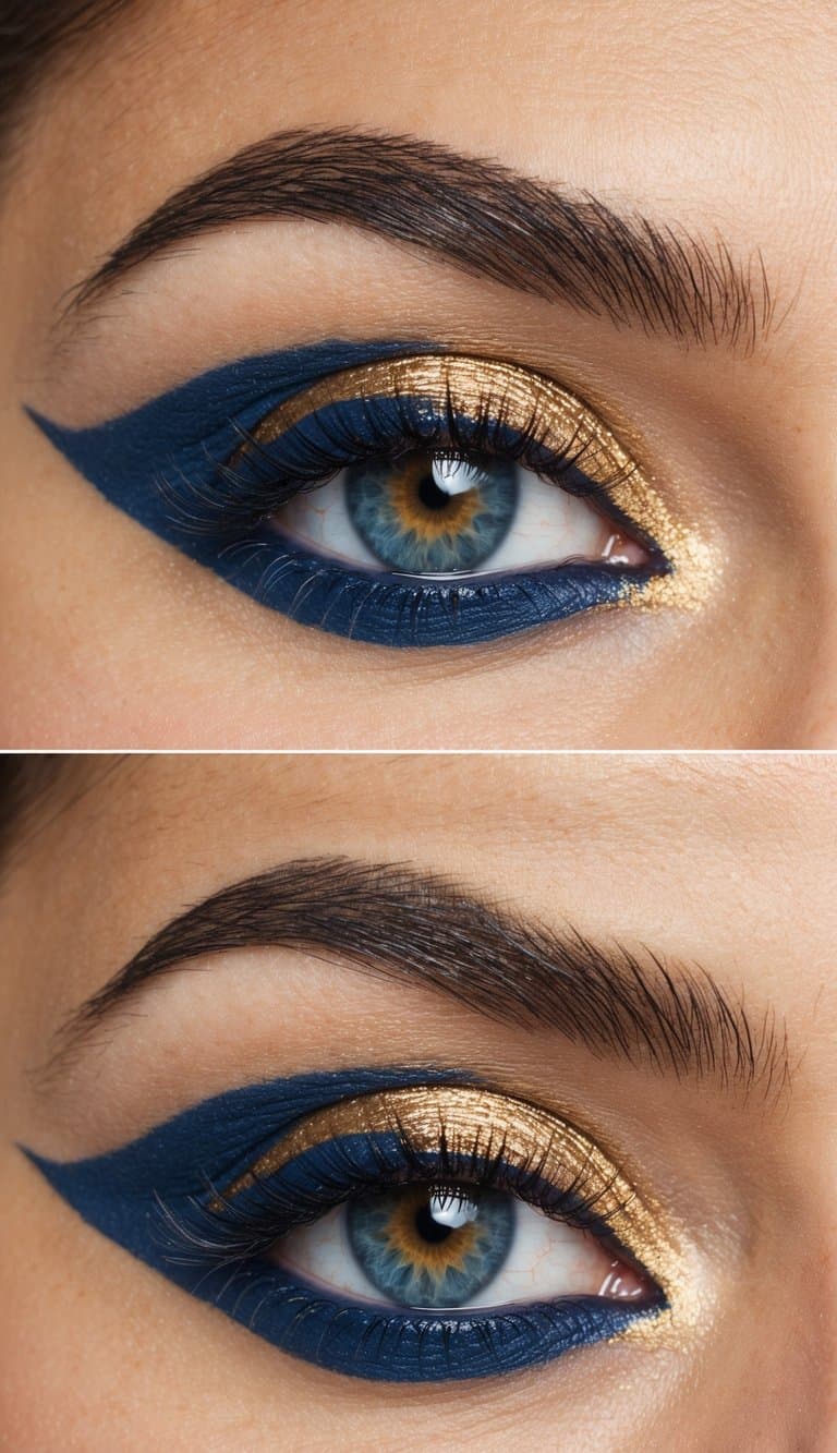 A close-up view of elegant blue and gold eye makeup with a gradient effect