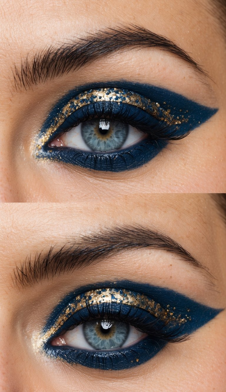 Elegant blue and gold speckled eye makeup on a clean, neutral background