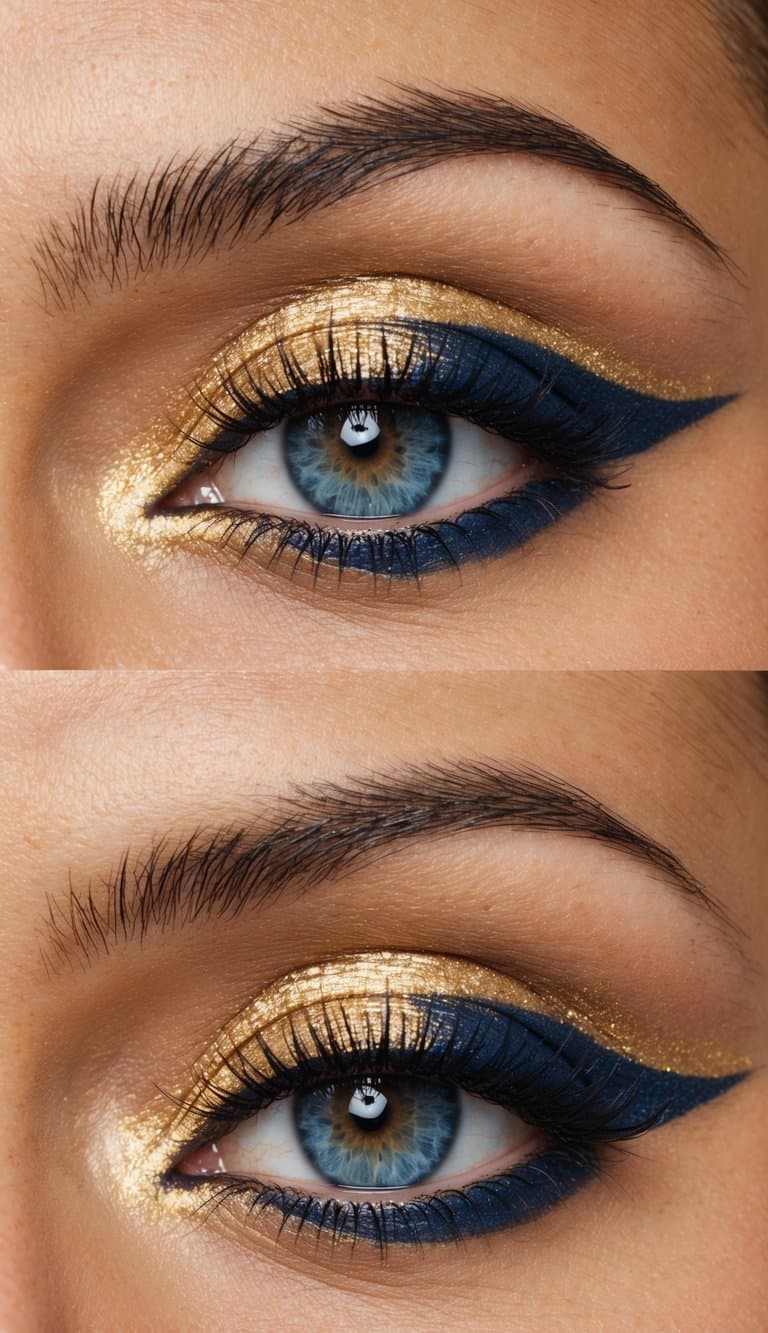 A close-up of a golden and blue eye makeup look, with intricate details and elegant shimmer