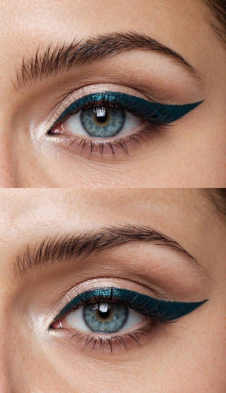 A close-up of two eyes with romantic and flirty makeup, featuring soft sapphire liner and a twist of shimmer for a date night look
