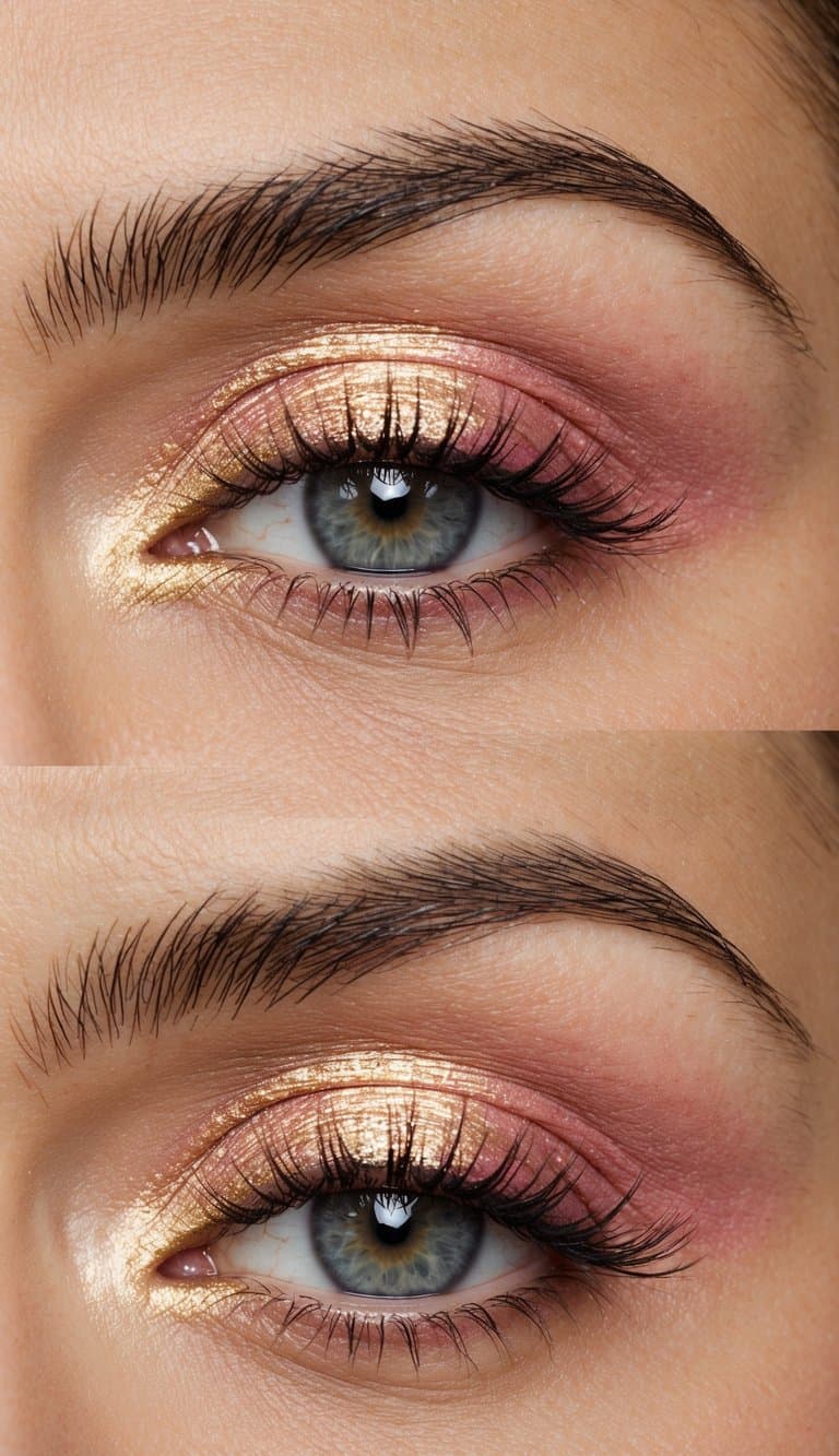 Soft pink and shimmering gold eyeshadows blending together, creating a romantic and flirty eye makeup look