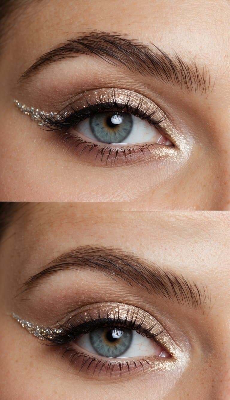 Soft, shimmering eyeshadow with a touch of glitter liner, creating a romantic and flirty look for a date night