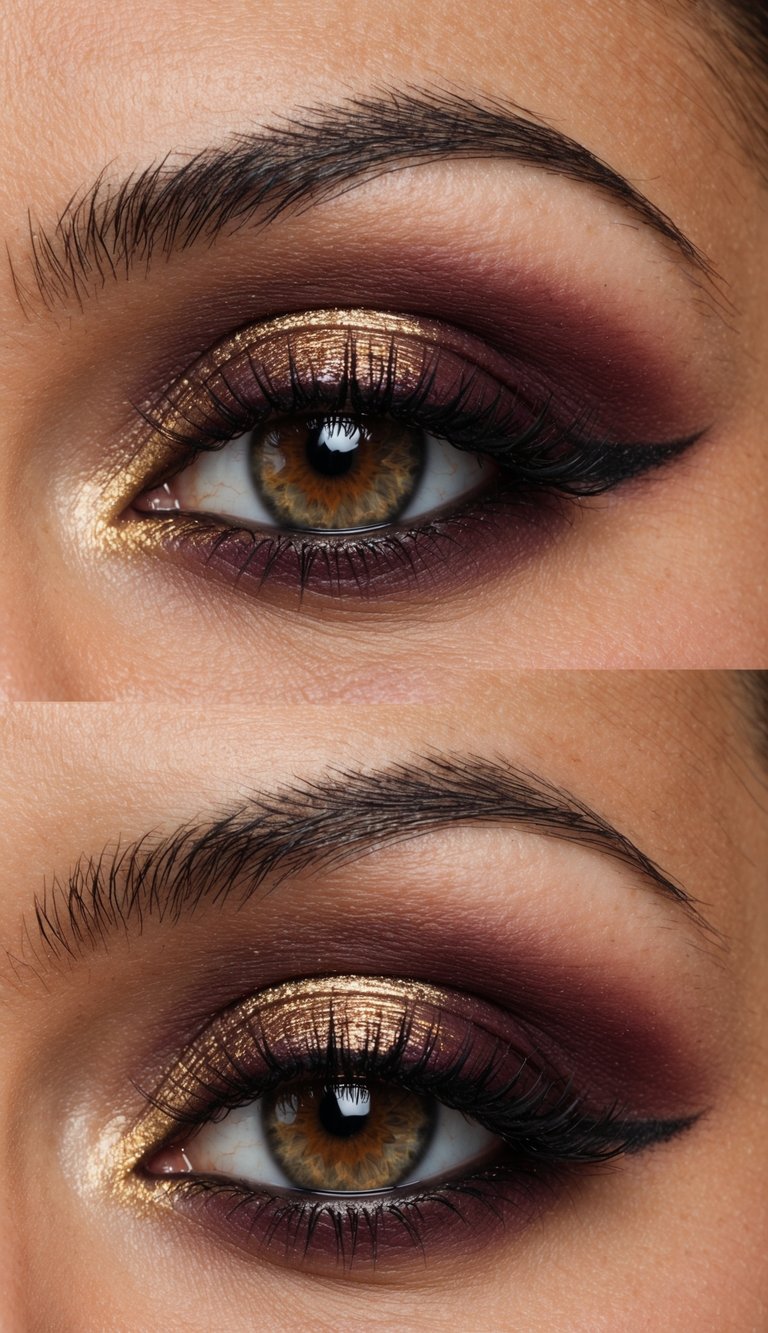A close-up view of an eye with sophisticated burgundy and gold makeup, showcasing intricate blending and shimmering details