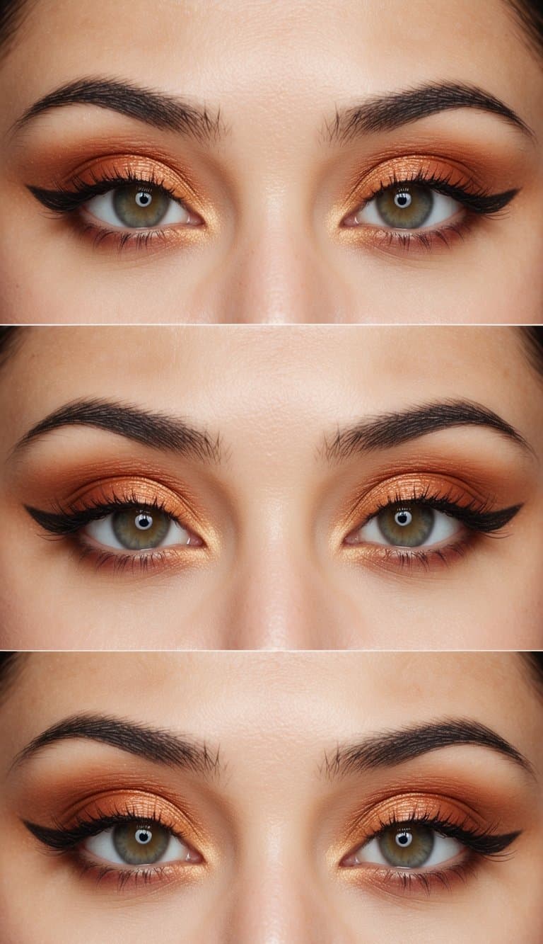 A close-up of a pair of eyes with burnt orange eyeshadow, soft shimmer, and delicate eyeliner, creating a romantic and flirty look