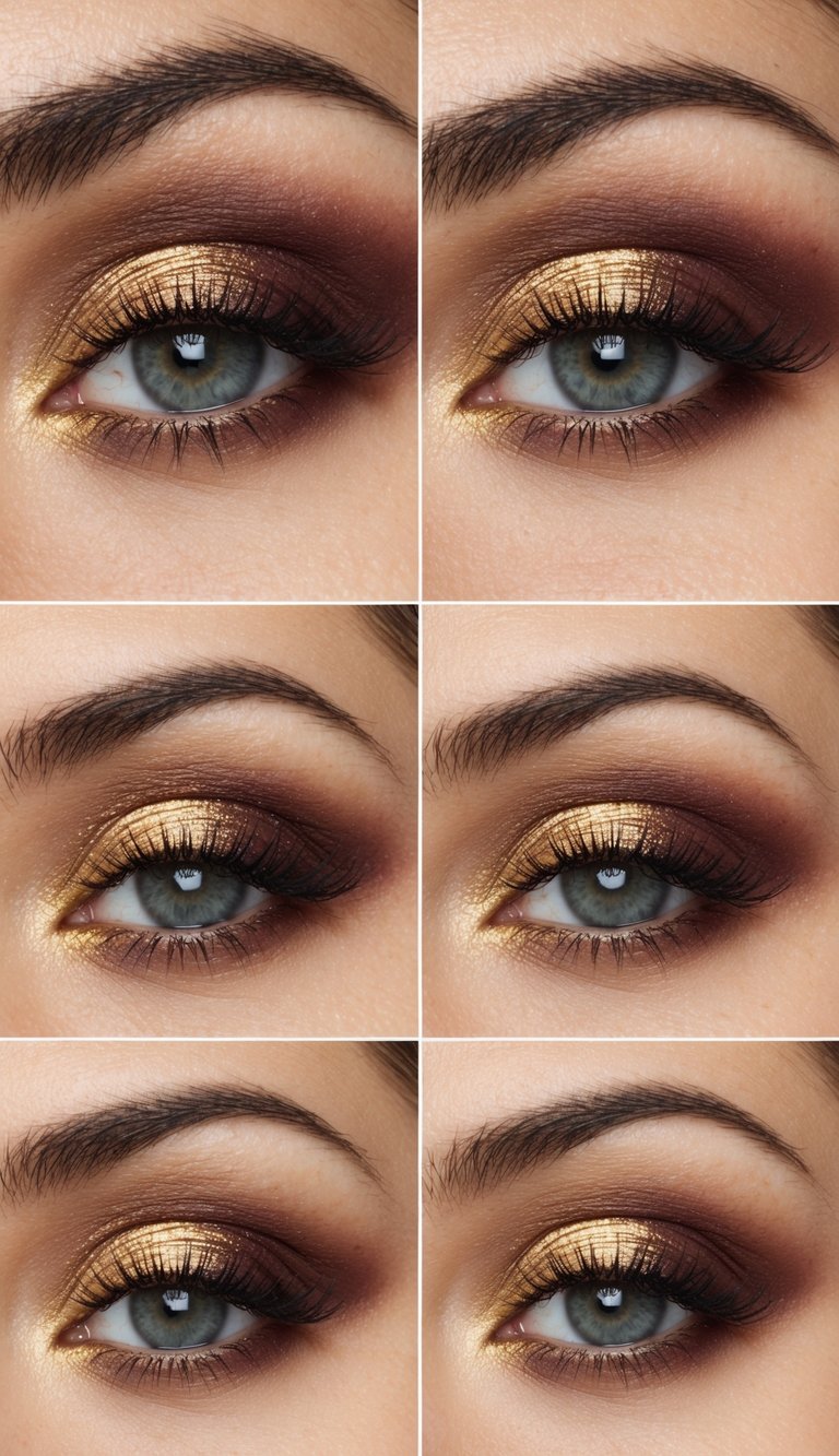 A close-up of a sophisticated eye with a gold inner corner highlight and burgundy and gold eyeshadow