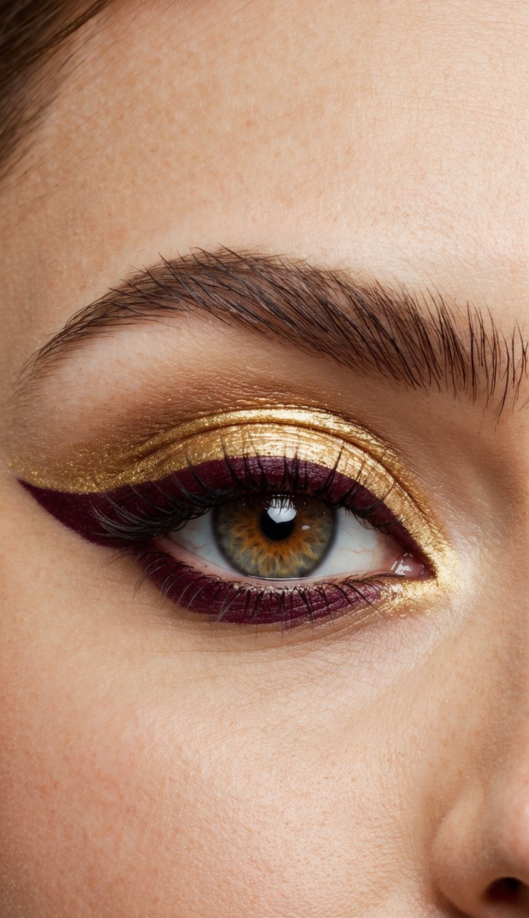 A close-up of an eye with bold burgundy liner and gold eyeshadow, creating a sophisticated and glamorous look