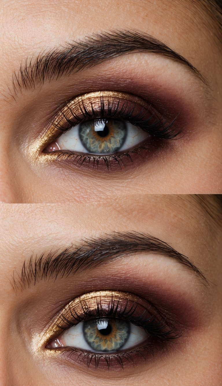 A close-up of an eye with sophisticated burgundy and gold makeup, featuring a subtle gold sheen