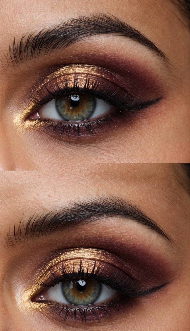 A close-up of a sophisticated eye with burgundy and gold pressed pigment makeup, highlighting the intricate blending and shimmering colors