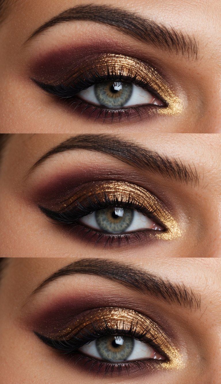 A close-up of a sophisticated eye with burgundy and gold makeup, shimmering with a dusty golden sheen