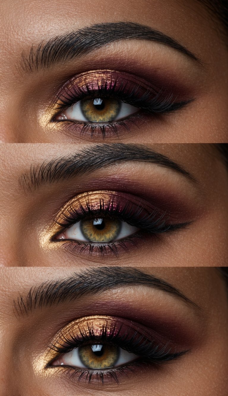 A deep burgundy spotlight illuminates a sophisticated eye makeup design in shades of burgundy and gold