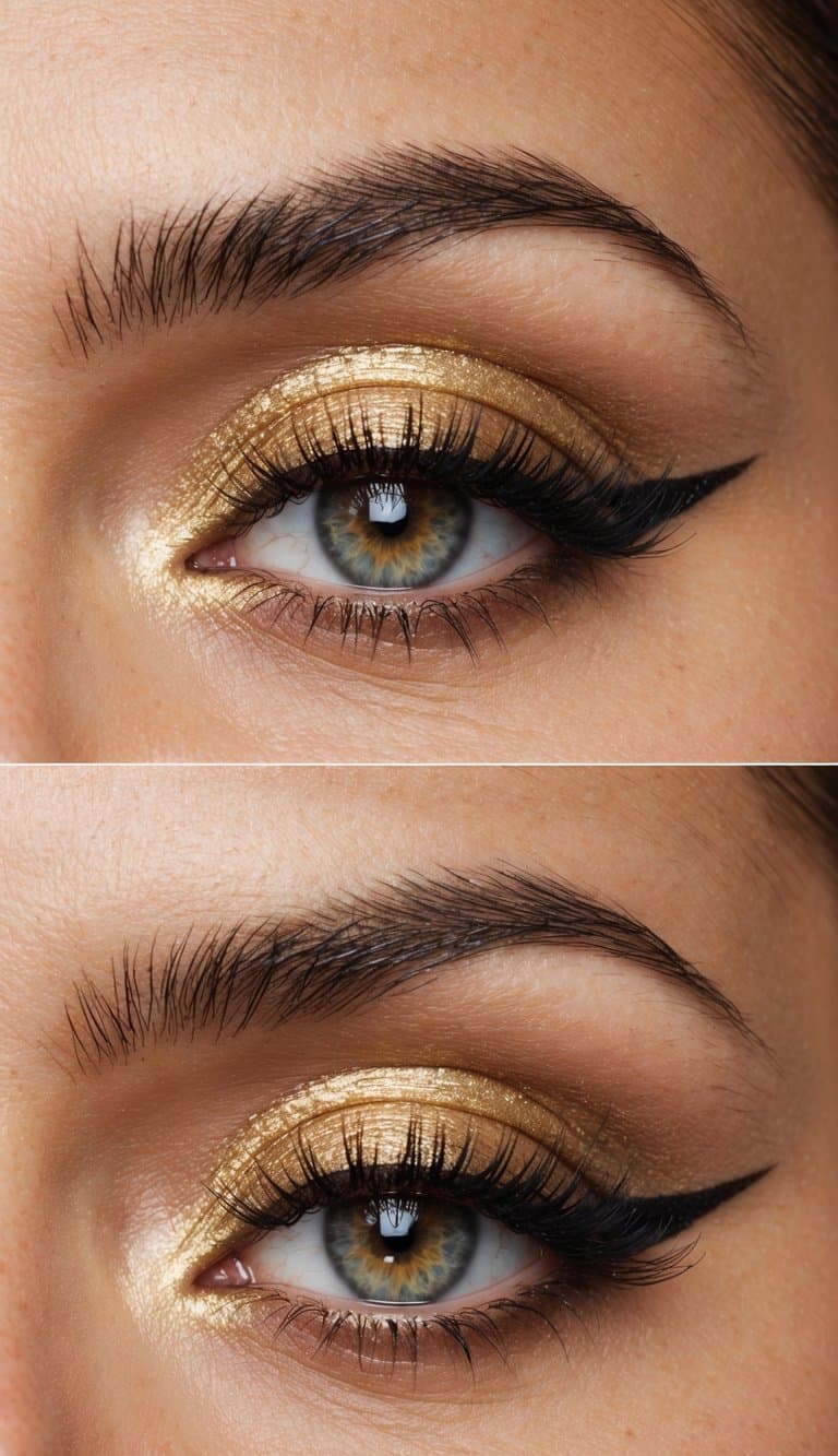 A close-up of an eye with elegant and sophisticated makeup, featuring golden shimmer and refined design