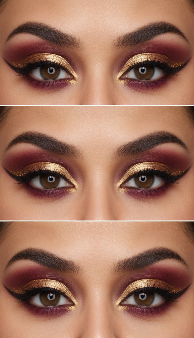 Burgundy and gold eye makeup with gold liner highlights on a clean, neutral background