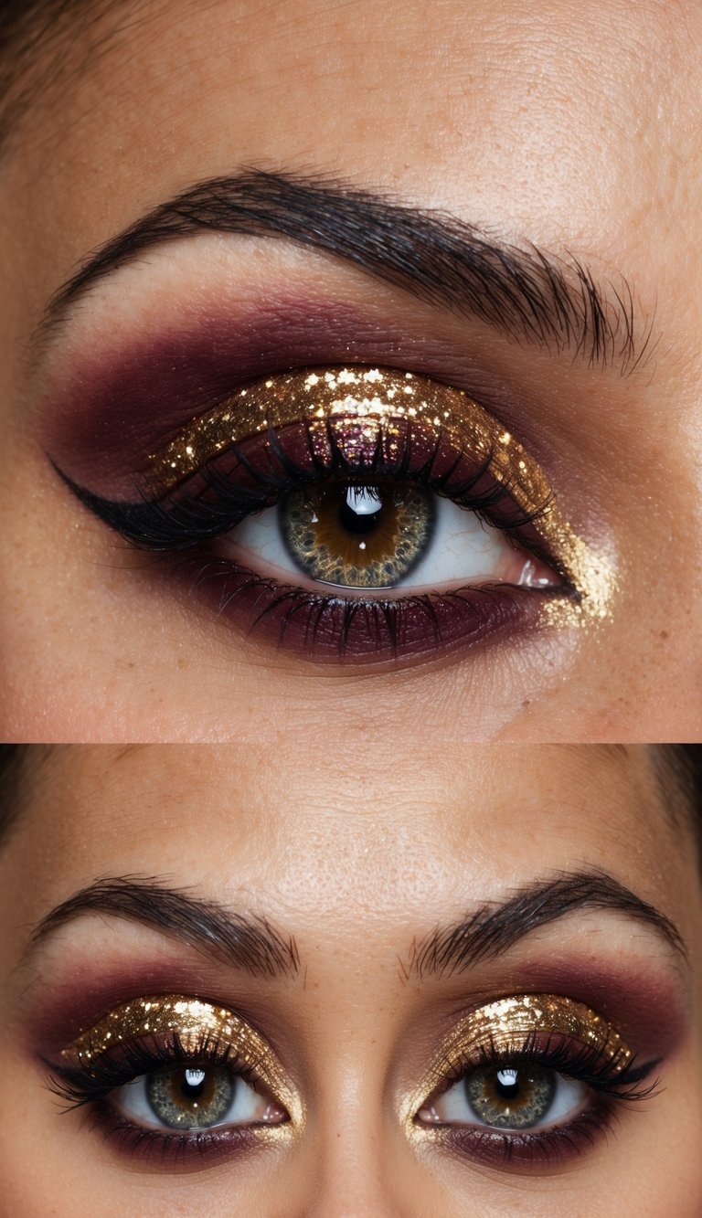 A close-up of a sophisticated eye with burgundy and gold makeup, with a glitter bomb effect