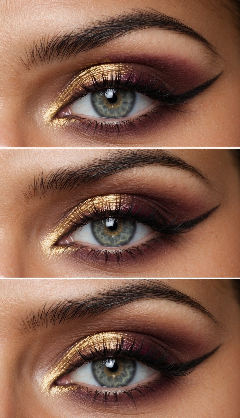 A close-up of an eye with shimmering gold halo and sophisticated burgundy and gold eye makeup