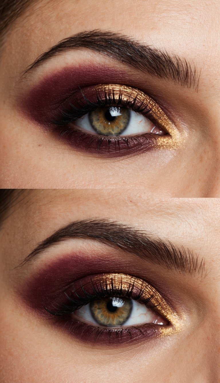 A close-up of a sophisticated eye with burgundy and gold makeup