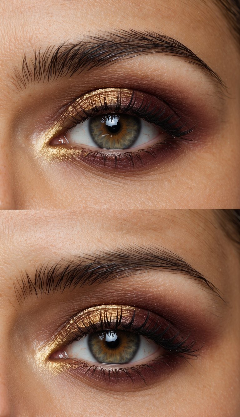 A close-up view of an eye with sophisticated burgundy and gold eyeshadow, focusing on the soft gold inner corner