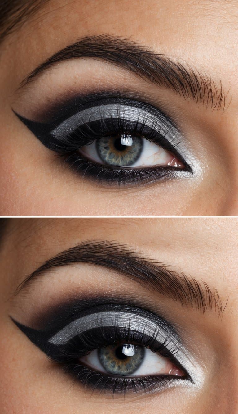 A close-up of an eye with a dramatic ombre eyeshadow look, featuring sophisticated and refined designs in shades of black, gray, and silver