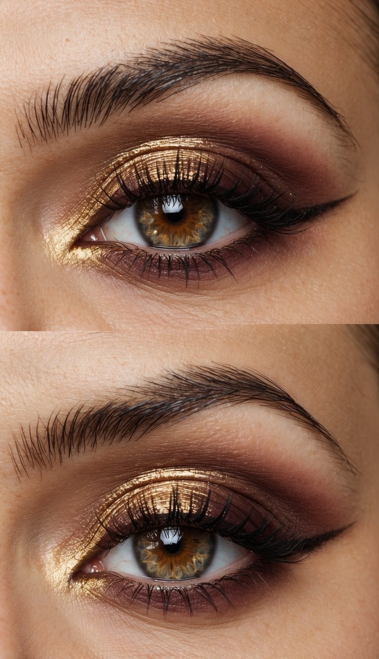 A close-up of a sophisticated eye with burgundy and gold eyeshadow, highlighted with antique gold shadow