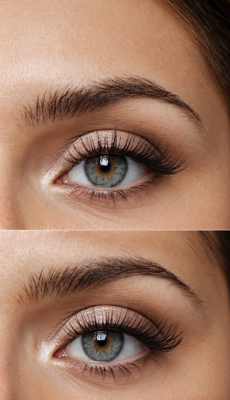 A close-up of an eye with elegant and sophisticated makeup, featuring soft shimmer and refined details