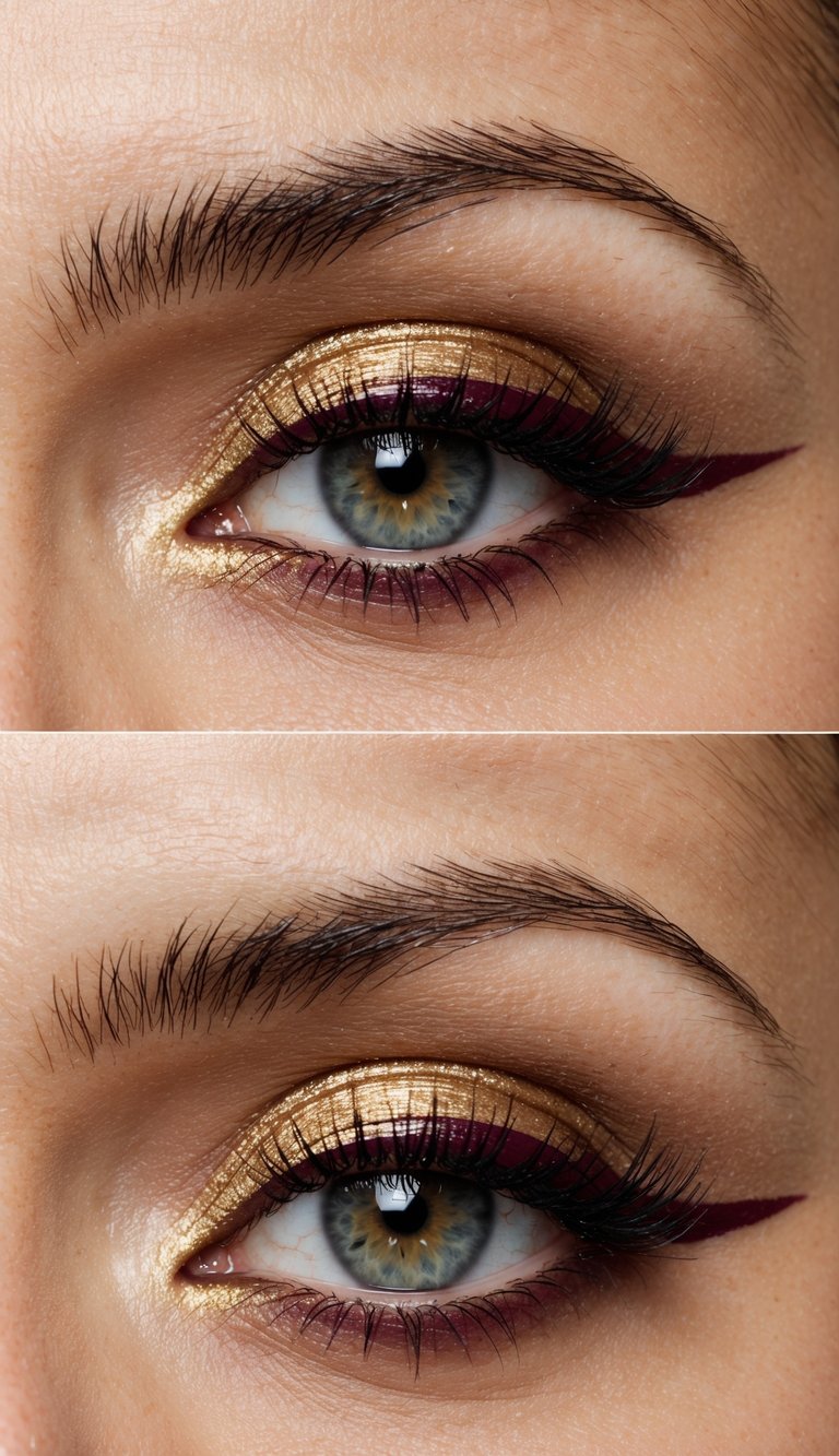 A close-up of an eye with a rich burgundy lower lash line, accented with gold eyeshadow