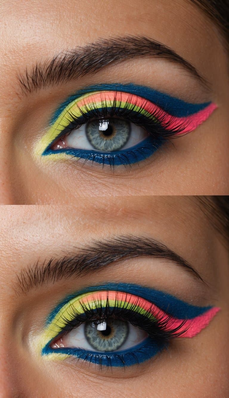 A close-up of an elegant eye with sophisticated and refined makeup, featuring vivid neon pop colors