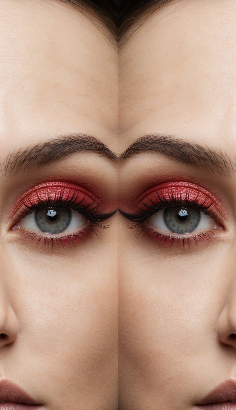 A close-up of a pair of elegant eyes with classic red eyeshadow and refined eyeliner, exuding sophistication and style