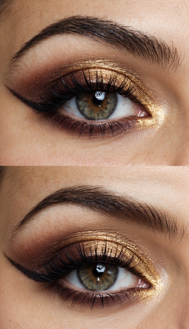 A close-up of an eye with a smoky gold base, accented with sophisticated burgundy and gold eyeshadow