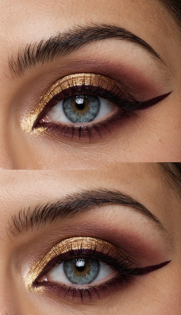 A close-up of an eye with burgundy liner on the waterline, surrounded by sophisticated burgundy and gold eye makeup