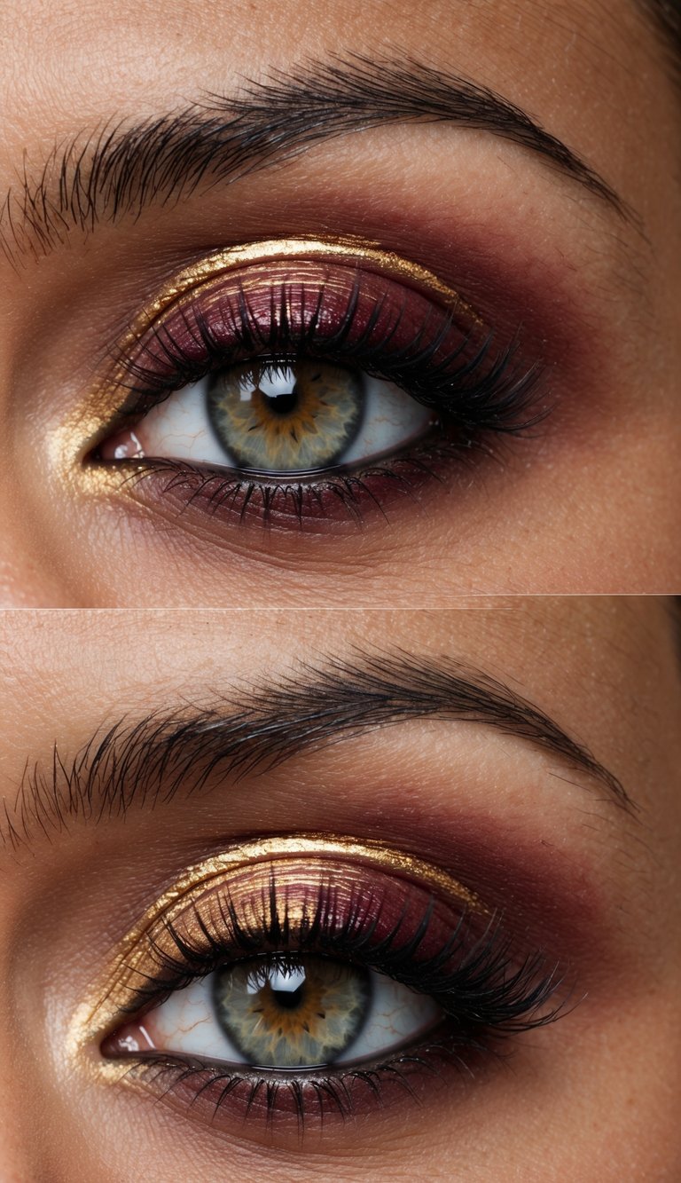 A close-up view of an eye with sophisticated burgundy and gold makeup, highlighted by soft gold touches