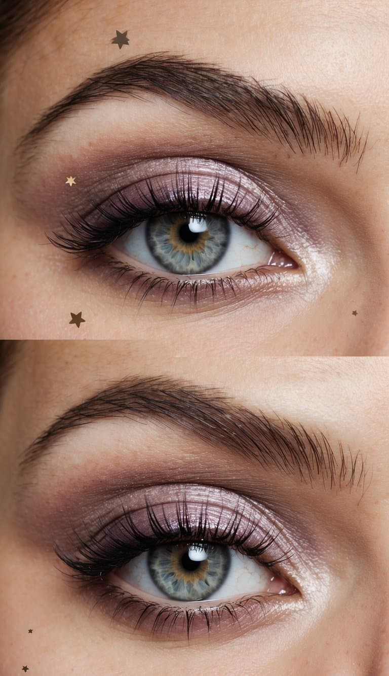 A close-up of an elegant eye with sophisticated mauve eye makeup, surrounded by ethereal elements like stars and swirls