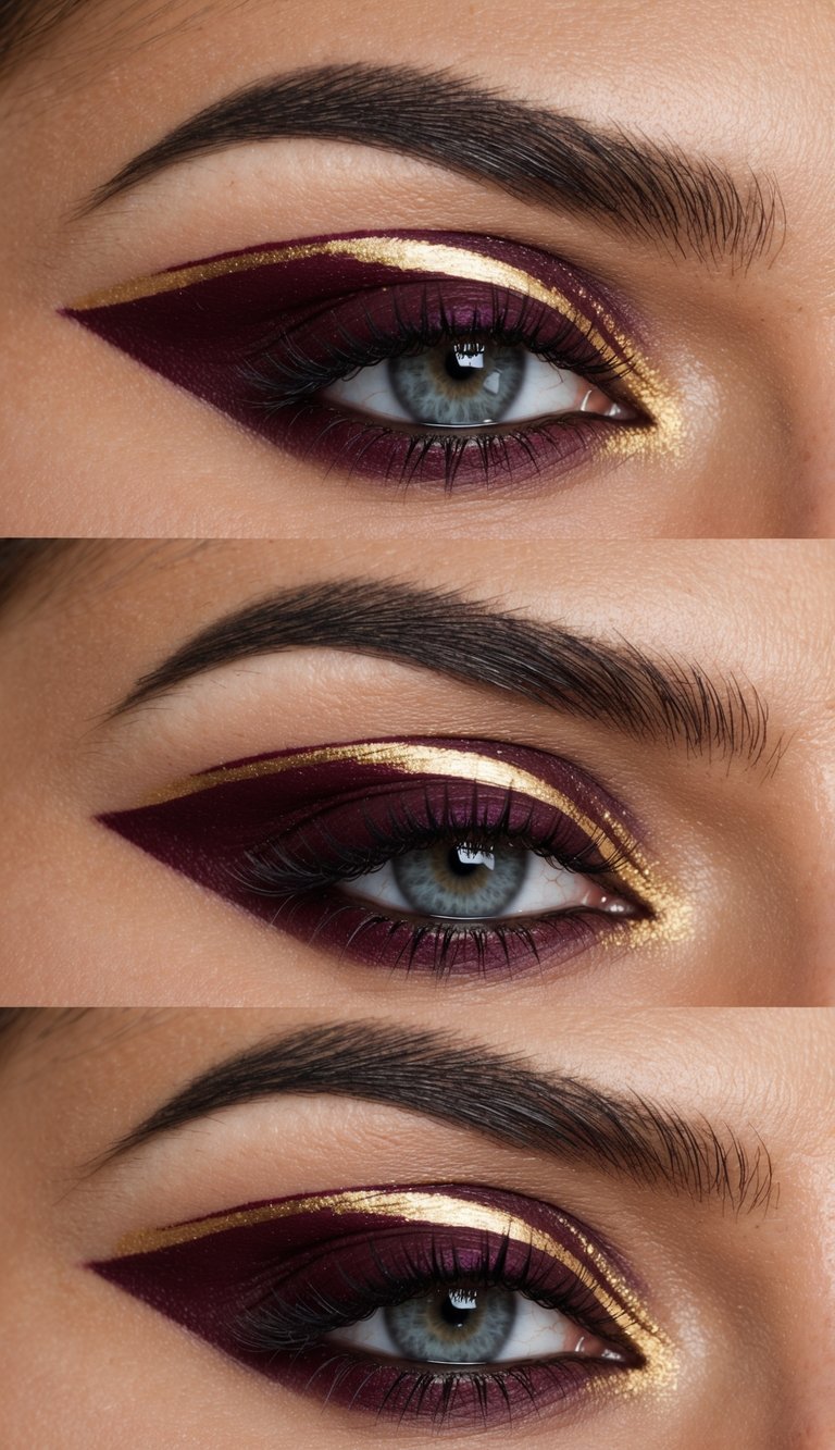 A close-up of sophisticated burgundy and gold graphic lines for eye makeup