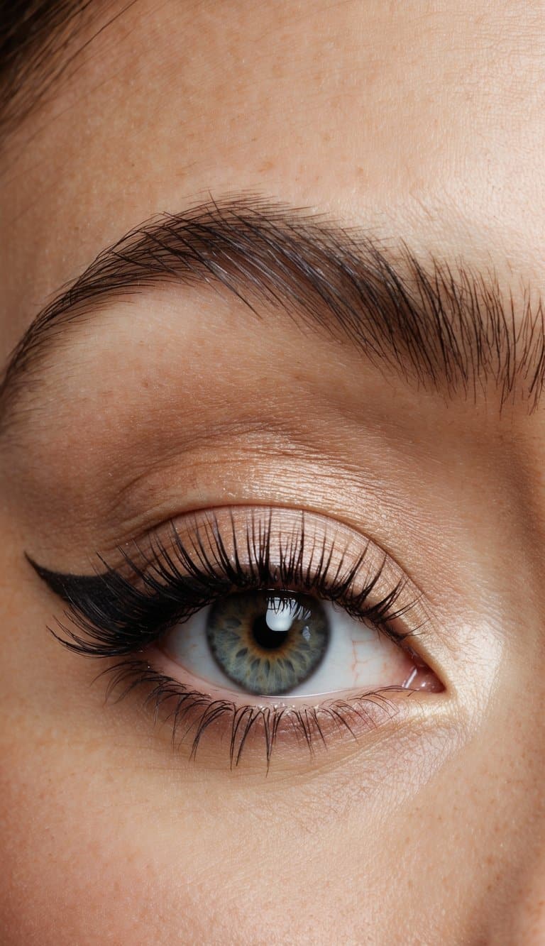 A close-up of an elegant eye with sophisticated and refined makeup design