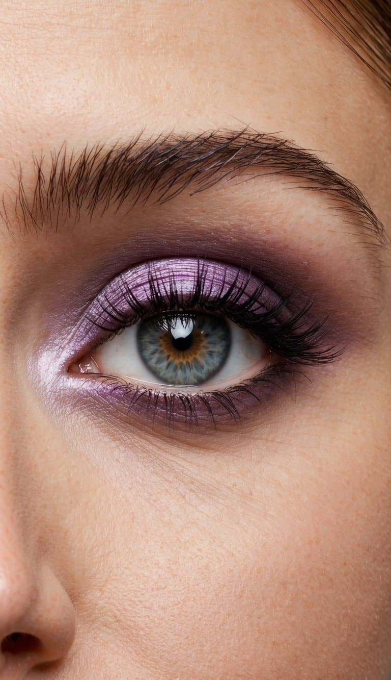 A close-up of an eye with elegant and sophisticated makeup, featuring shades of enchanting violet and refined details